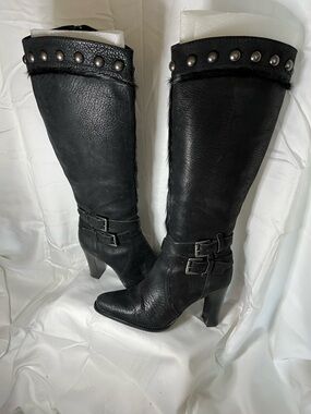 Apepazza Black Knee-High Studded Buckle Heeled Boots